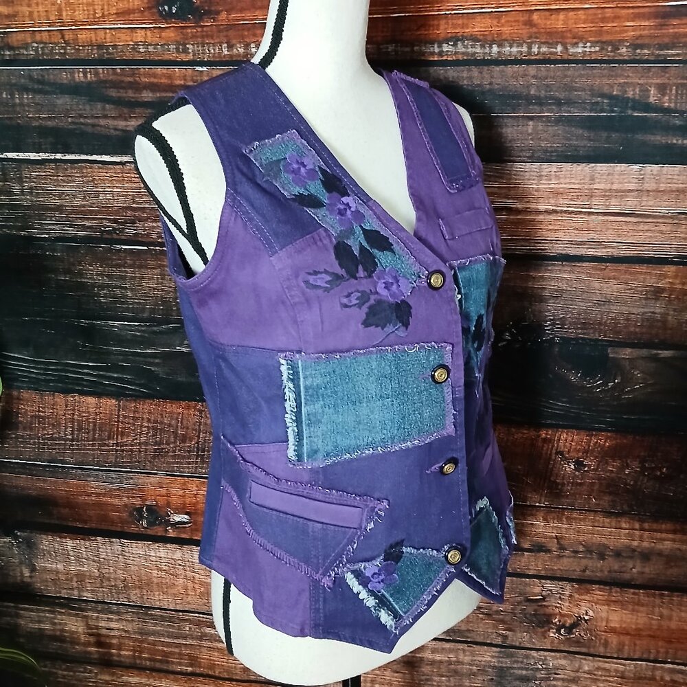DG2 Diane Gilman Denim Vest M Purple Patchwork Embroidered - Picture 2 of 11